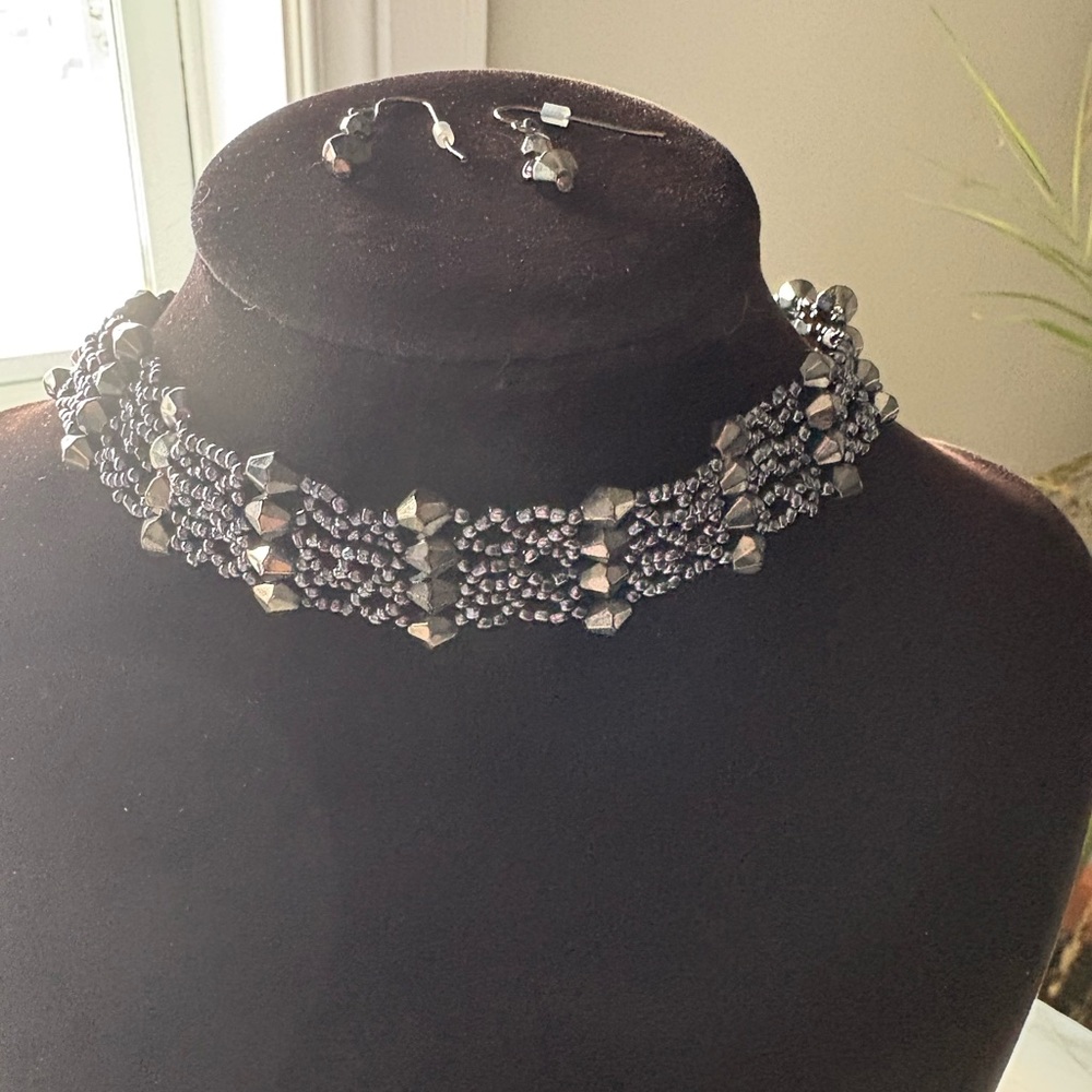 Avon Vintage Gunmetal Silver Beaded Choker and Earrings Dark Gothic NIB